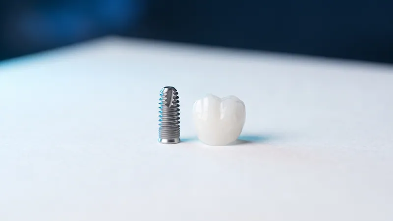 A titanium dental implant and a white zirconia crown standing side by side on a light surface