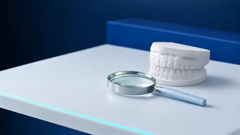 A round magnifying glass in front of a model of a full set of teeth