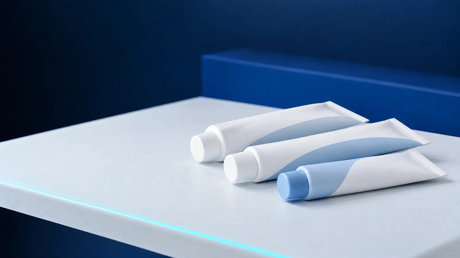 Three unlabeled toothpaste tubes in white and pale blue