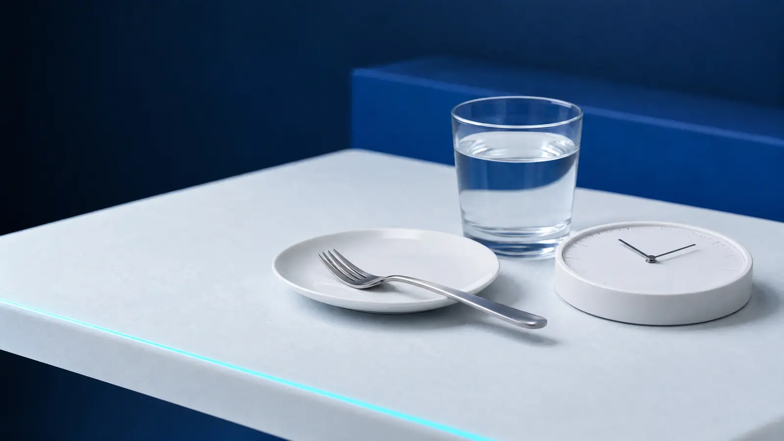An empty plate with a fork, a glass of water and a white clock without numerals