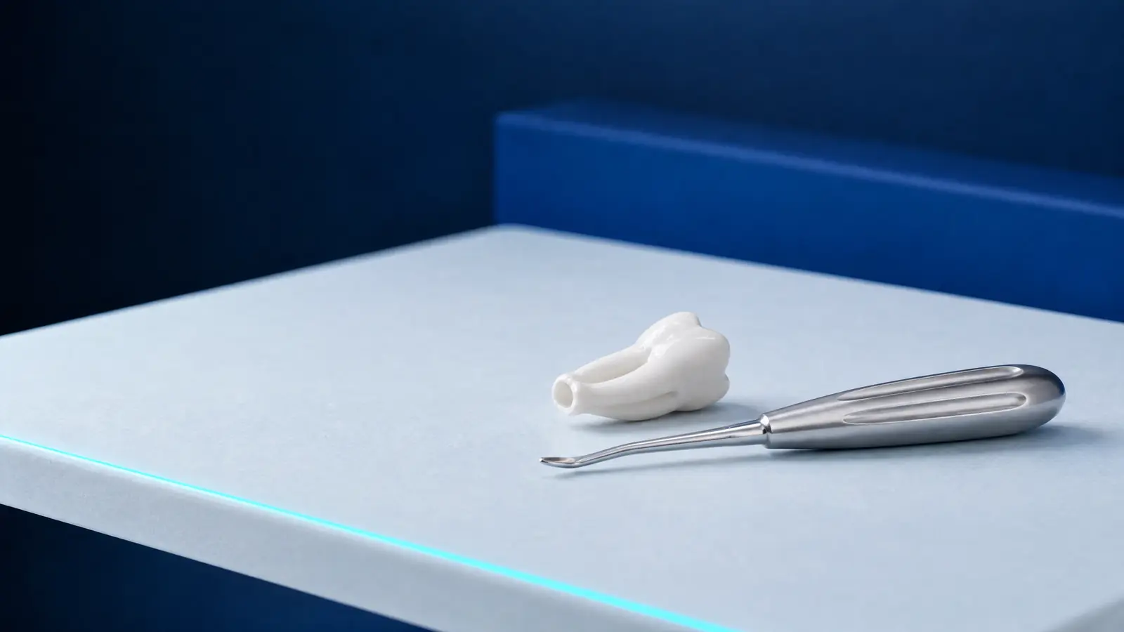 A ceramic model of a tooth root without a crown beside a steel root elevator