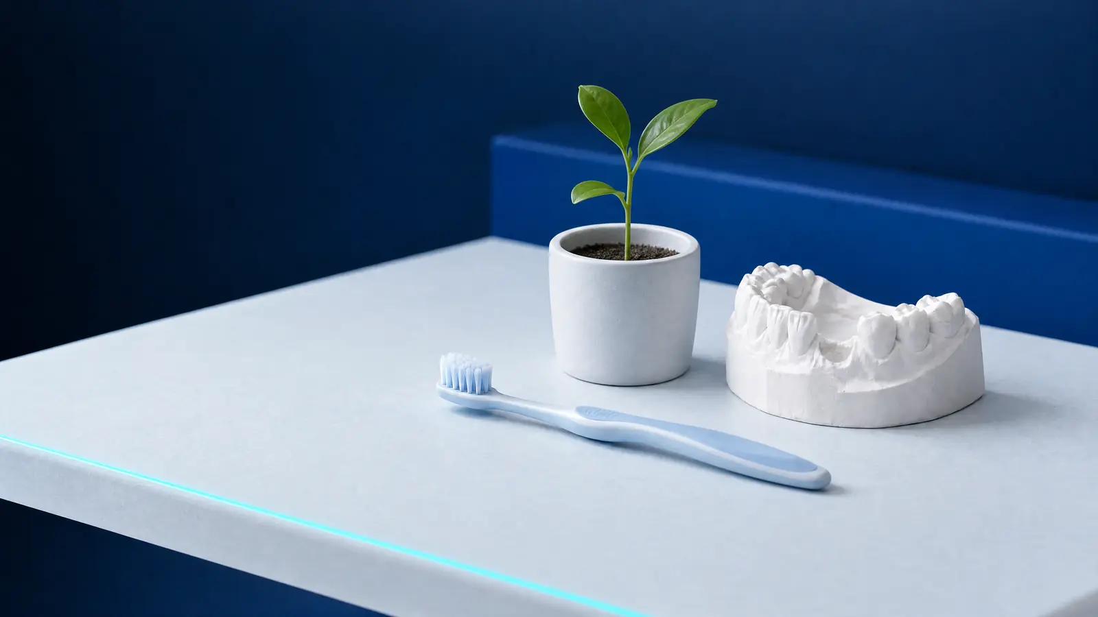 A young plant in a white pot beside a dental model and a soft toothbrush