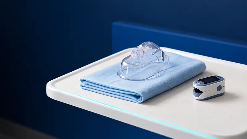 A folded pale blue blanket, an adult anaesthesia mask and a pulse oximeter on a white tray