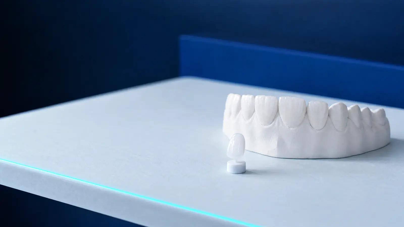 A thin porcelain veneer on a small stand in front of a model of upper front teeth