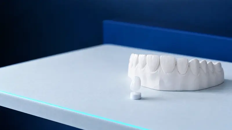 A thin porcelain veneer on a small stand in front of a model of upper front teeth