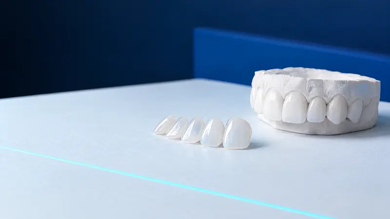 A row of thin porcelain veneers beside a model of the upper front teeth