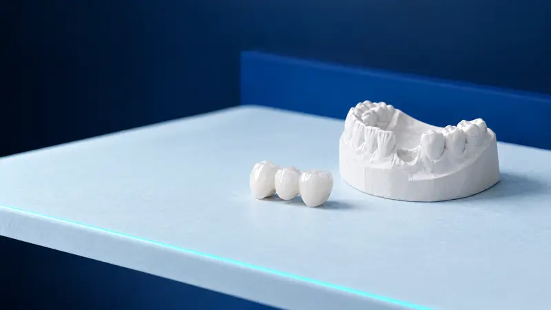 A white three-unit zirconia bridge beside a plaster model of a lower jaw with one tooth missing