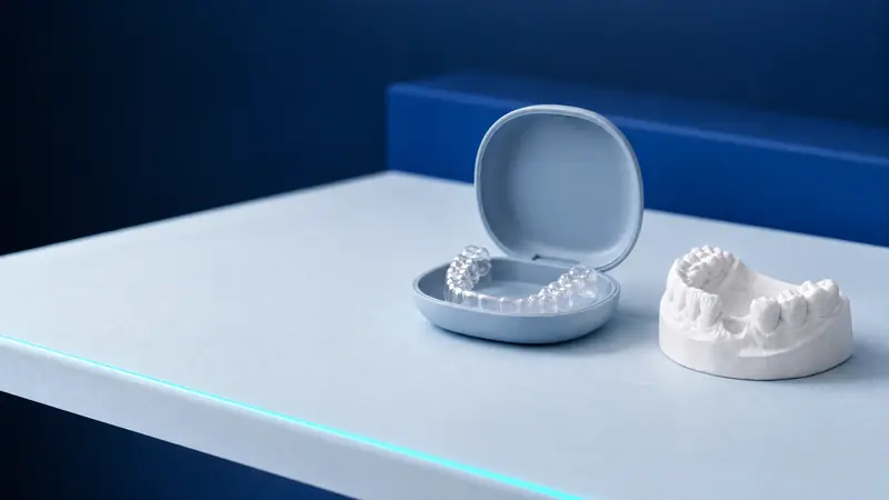 A clear aligner in an open pale blue case beside a dental model