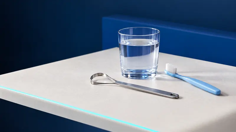A steel tongue scraper, a glass of water and a toothbrush