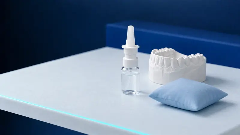 An unlabeled nasal spray bottle, a dental model and a small pale blue pillow