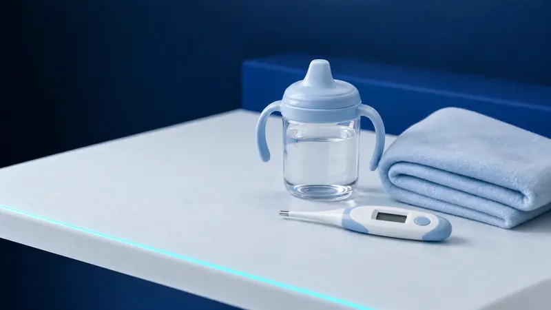A sippy cup of water, a folded pale blue blanket and a digital thermometer