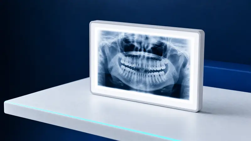 A dental panoramic X-ray on a softly lit lightbox