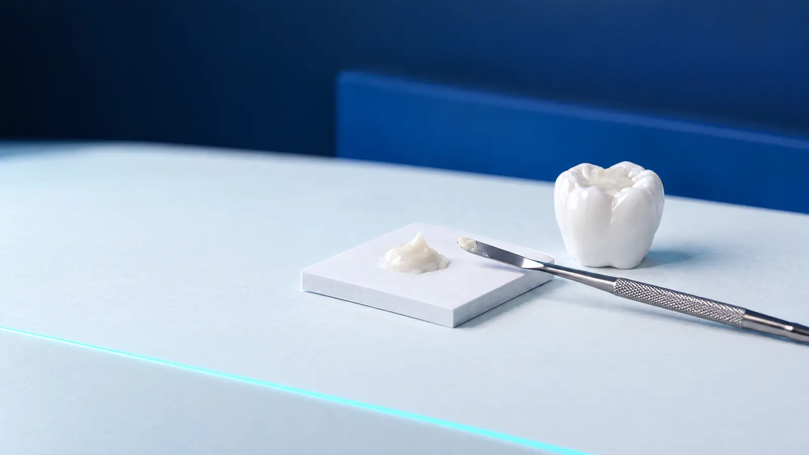 A mixing pad with temporary filling paste, a spatula and a tooth model with a temporary filling