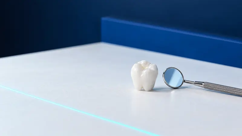 A ceramic molar model with a tooth-coloured filling beside a dental mirror