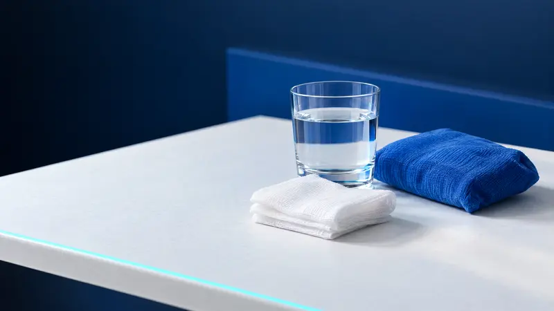 Folded sterile gauze, a glass of cool water and a cold pack wrapped in a cobalt cloth