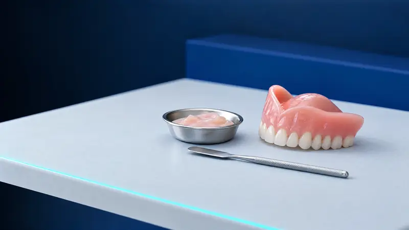 A complete upper denture beside a steel spatula and a dish of pink relining material