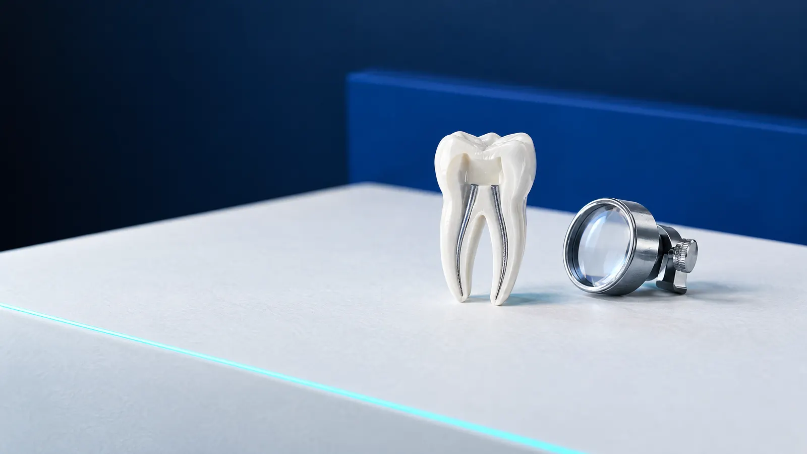 A sectioned ceramic tooth model with filled root canals beside a silver magnifying loupe
