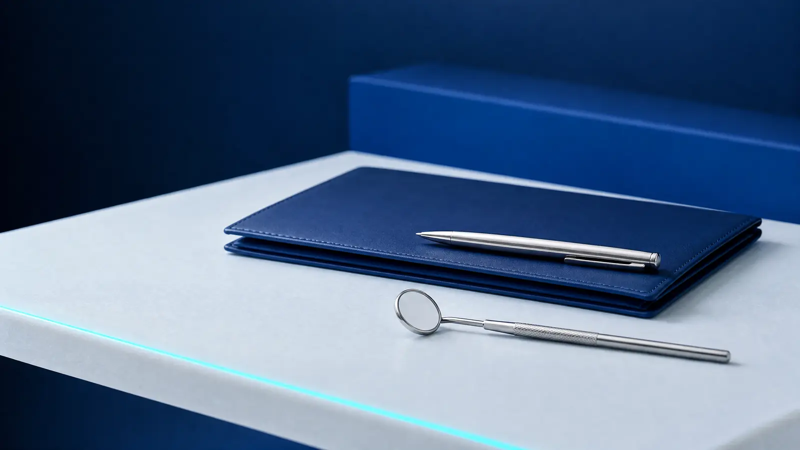 A closed navy document folder with a pen beside a dental mirror