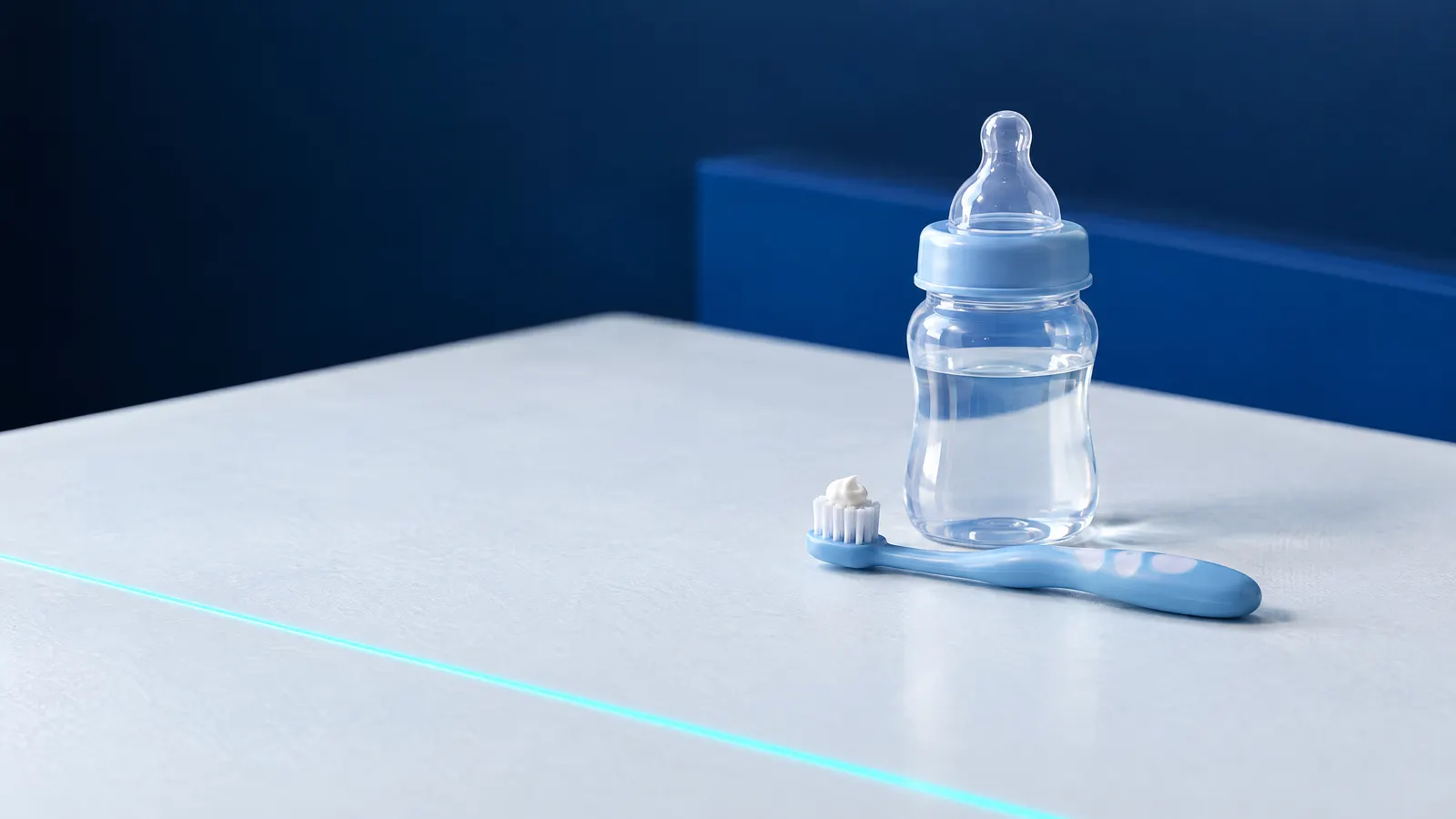 A baby bottle of water and a children's toothbrush with a pea-sized amount of toothpaste