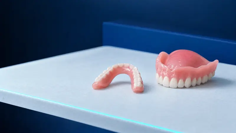 A horseshoe upper denture without a palate beside a full upper denture with a palate