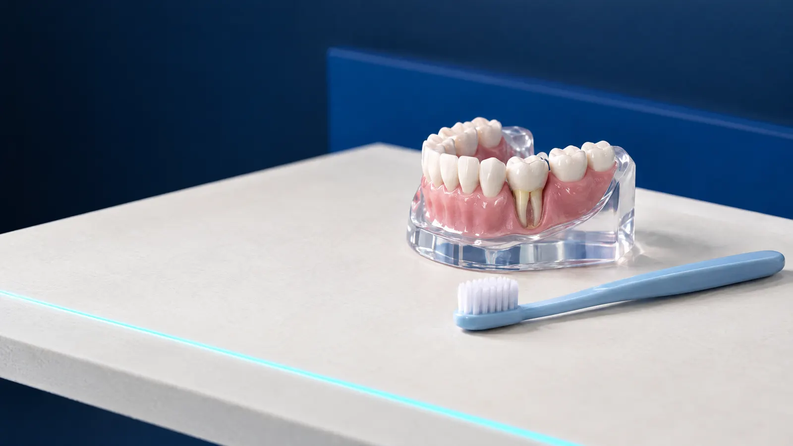 A jaw model with gums showing one exposed root, beside a soft toothbrush