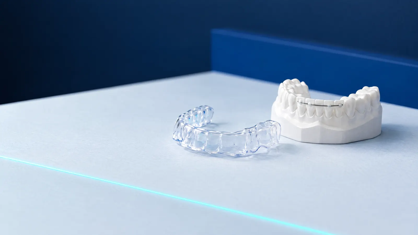 A clear removable retainer beside a dental model with a thin fixed retainer