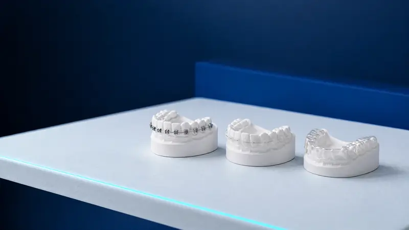 Three dental models: with metal brackets, with ceramic brackets and with a clear aligner