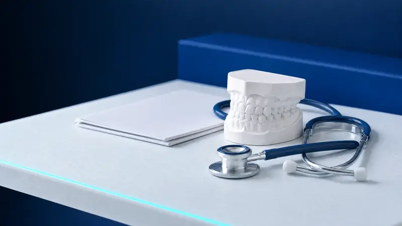 A stethoscope beside a dental model and a folded medical document