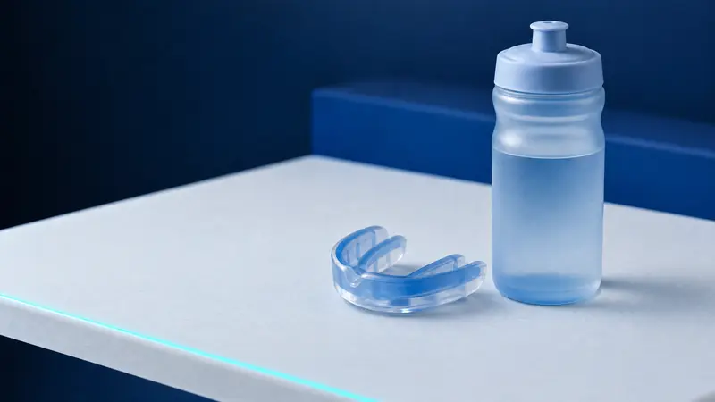 A blue sports mouthguard beside a pale blue sports bottle