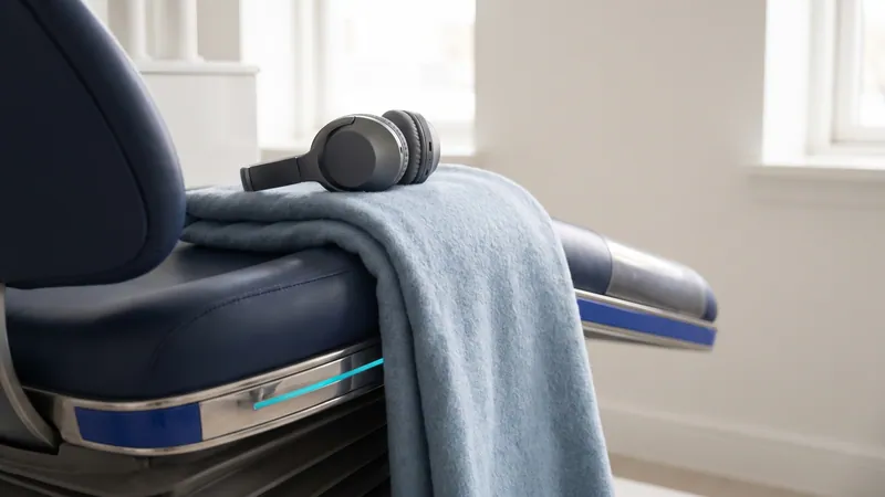 A pale blue blanket and over-ear headphones on the armrest of an empty dental chair in a quiet treatment room