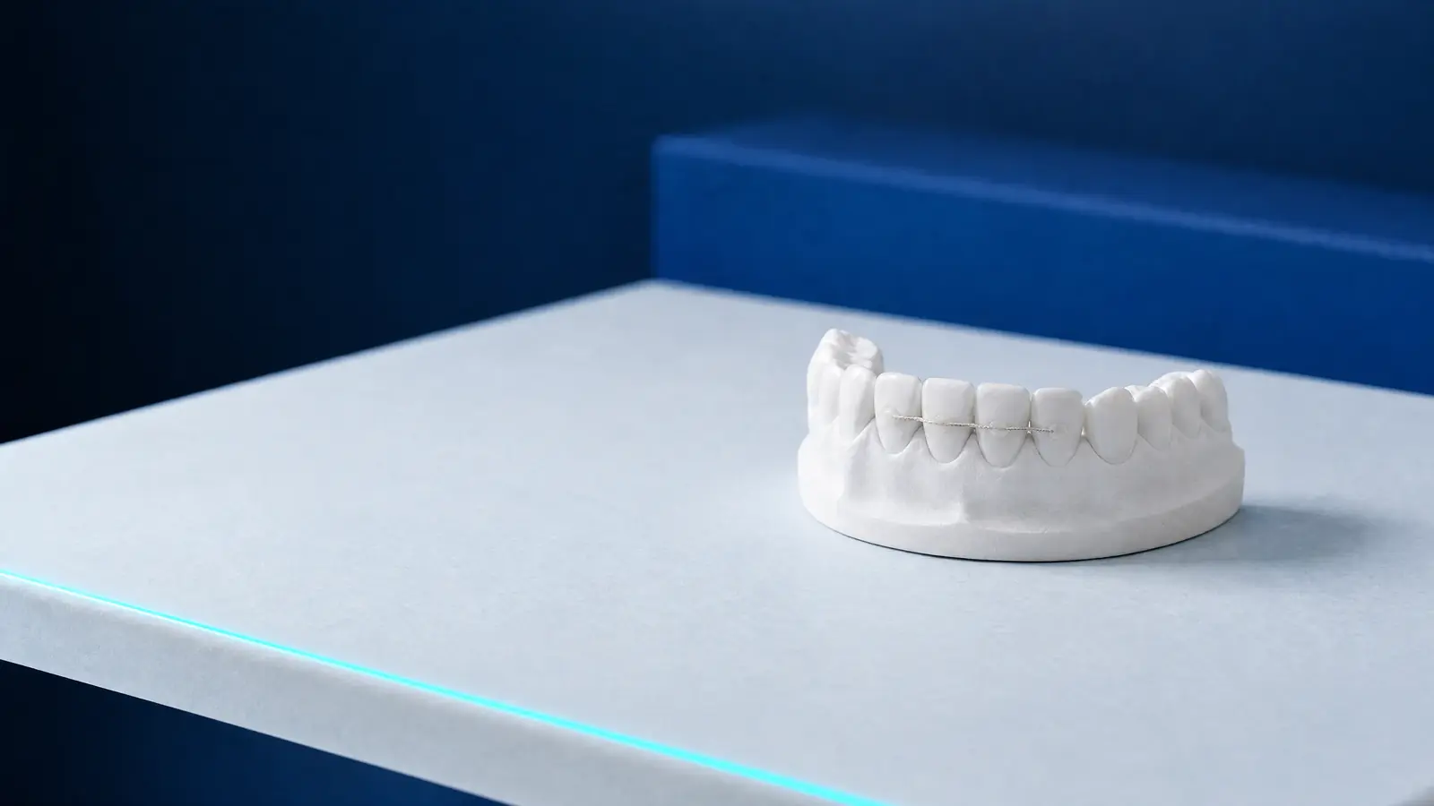 A model of lower front teeth joined by a thin splint bonded on their inner surfaces