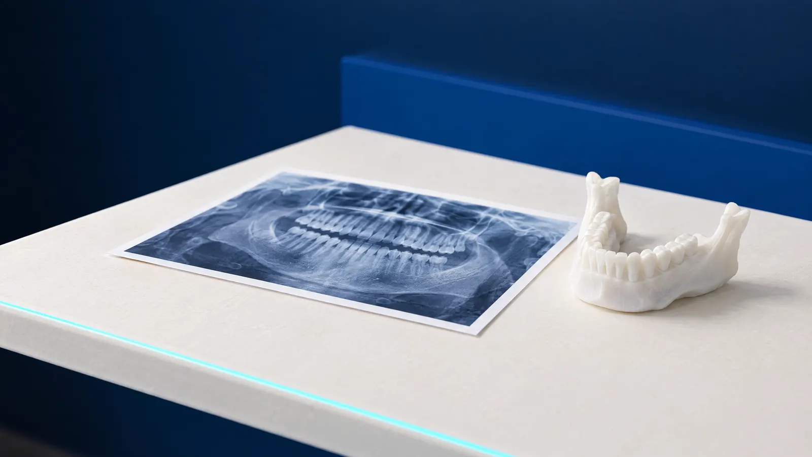 A printed panoramic dental radiograph next to a white 3D printed model of a lower jaw