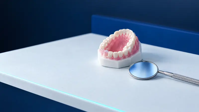 A round hand mirror reflecting blue light beside a model of the upper teeth and gums