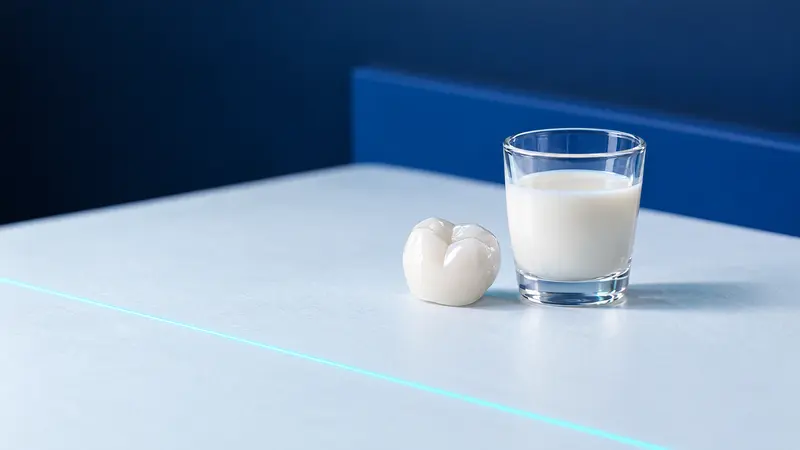 A ceramic front tooth model lying beside a glass of milk