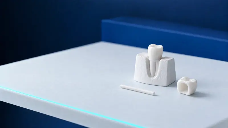 A model of a tooth broken at gum level showing its root, beside a fibre post and a crown