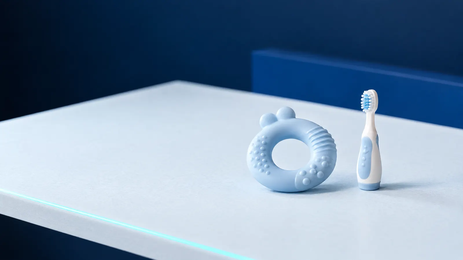 A pale blue silicone teething ring beside a tiny baby toothbrush
