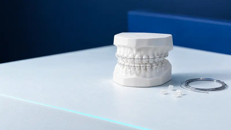Model zębów dorosłego z przezroczystymi zamkami ceramicznymi i cienkim łukiem