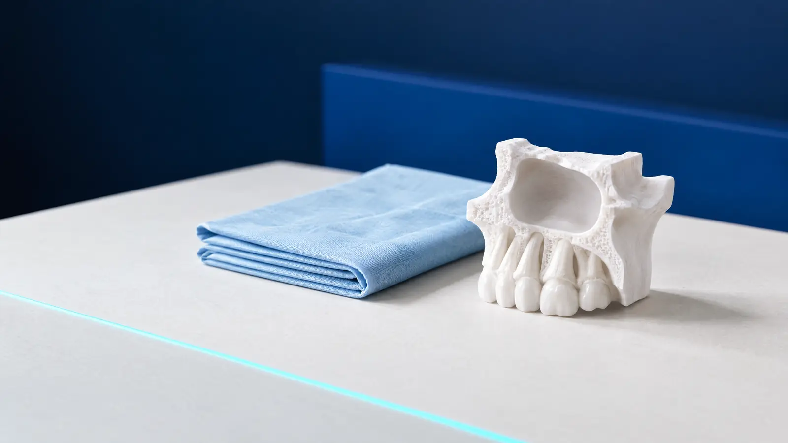 Model anatomiczny szczęki pokazujący zatokę szczękową nad korzeniami zębów, obok niebieskiej tkaniny