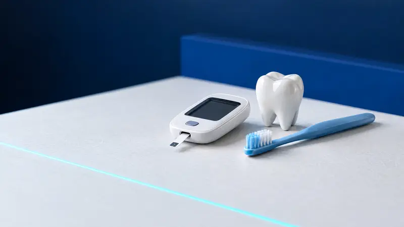 Glukometr z wygaszonym ekranem obok szczoteczki do zębów i modelu zęba