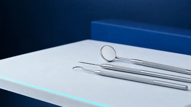 Stalowa sonda periodontologiczna, kireta i lusterko stomatologiczne leżące obok siebie