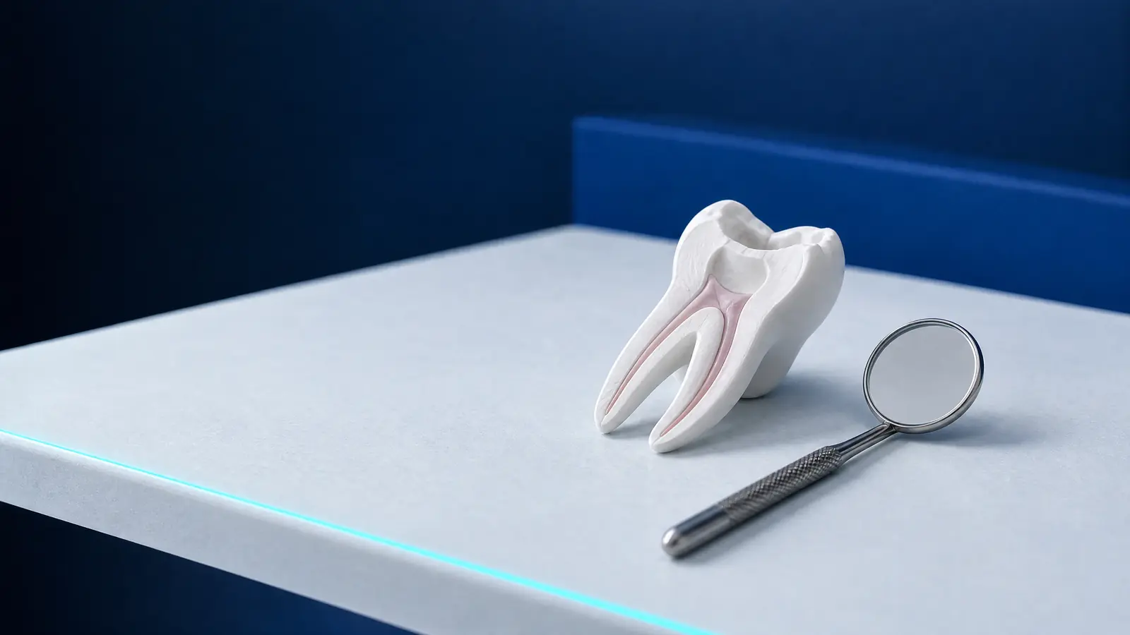 Ceramiczny model zęba trzonowego przecięty wzdłuż, z widocznymi kanałami korzeniowymi, obok lusterka stomatologicznego