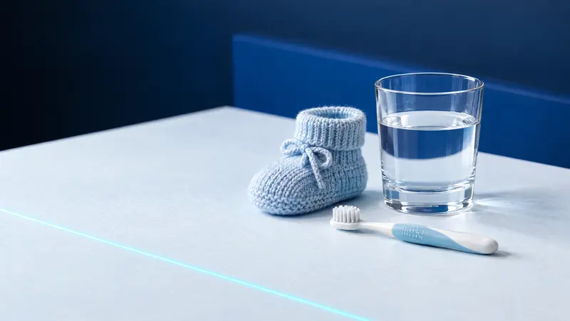 Błękitny dziergany bucik niemowlęcy obok szczoteczki do zębów i szklanki wody