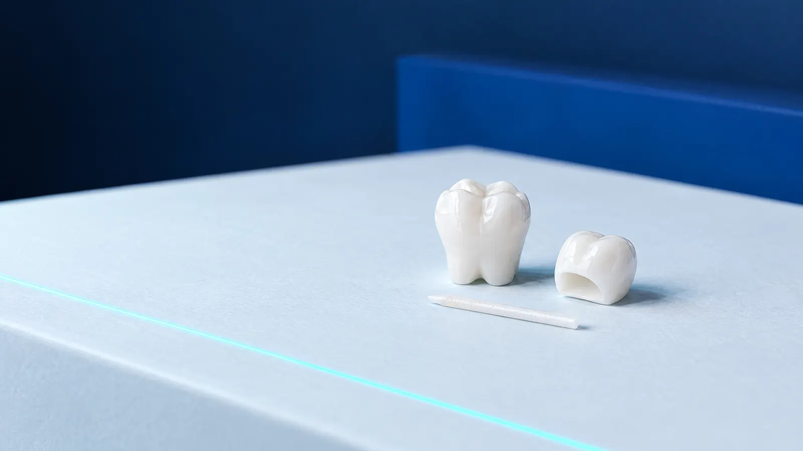 Ceramiczny model zęba trzonowego, korona obok niego i cienki wkład z włókna szklanego