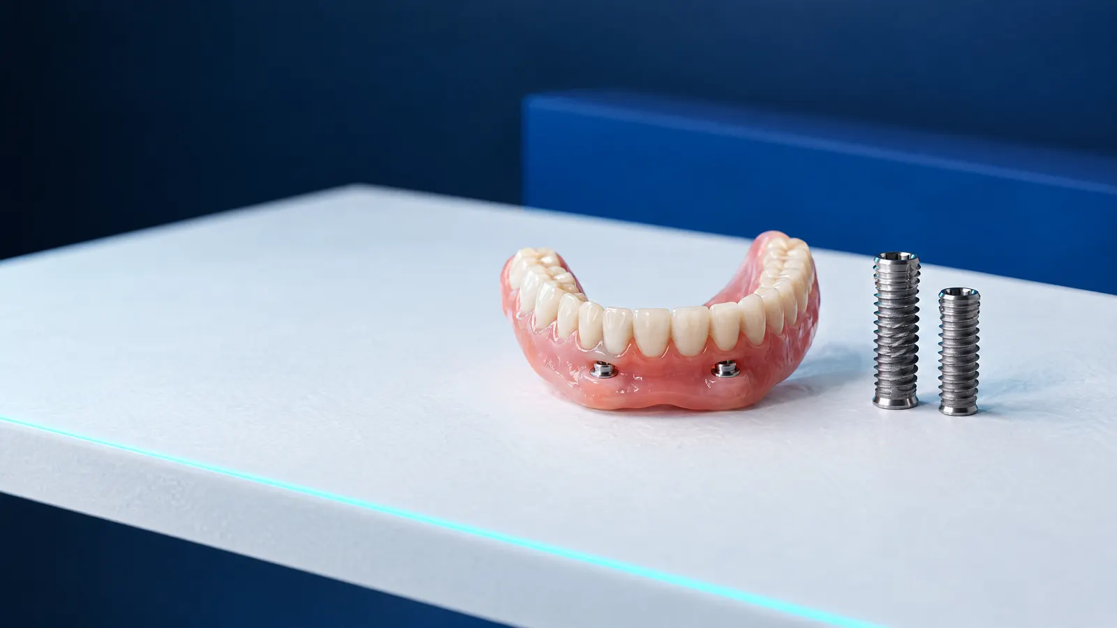 Dolna proteza z dwoma metalowymi zatrzaskami obok dwóch tytanowych implantów