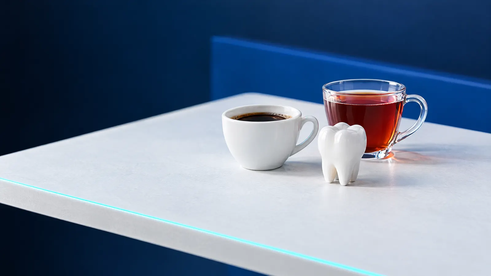 Filiżanka czarnej kawy i szklanka herbaty obok ceramicznego modelu zęba