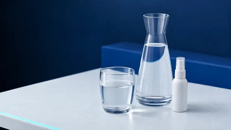 Szklana karafka z wodą, szklanka i mały biały spryskiwacz bez etykiety