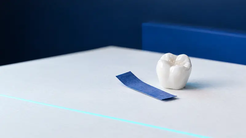 Ceramiczny model zęba trzonowego z wypełnieniem i pasek niebieskiej kalki zgryzowej