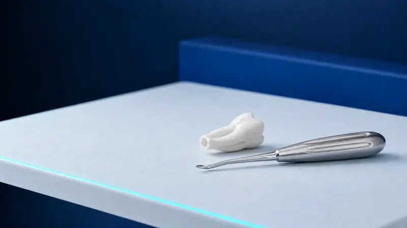 Керамическая модель корня зуба без коронки рядом со стальным элеватором для корней
