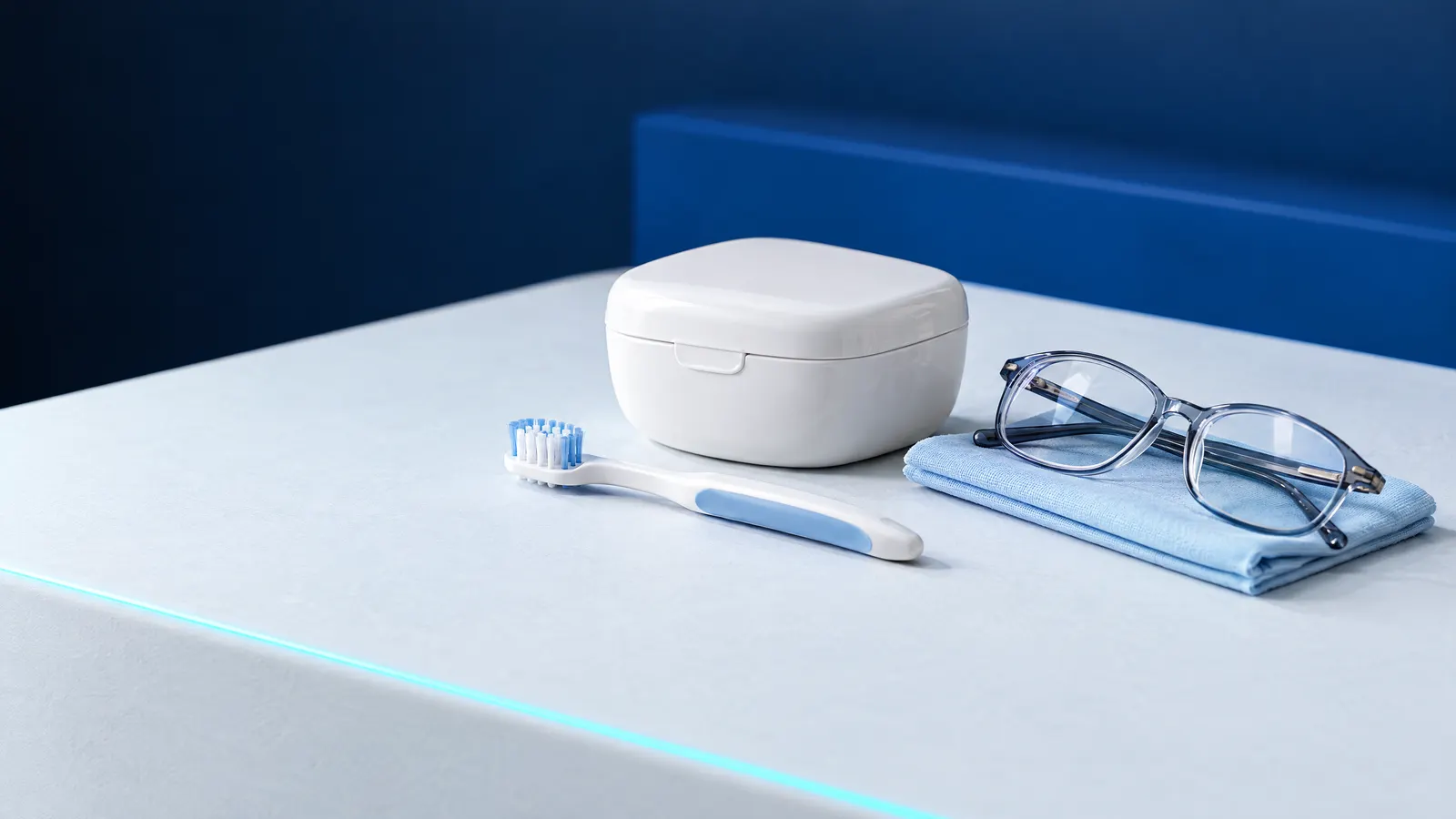 Белый футляр для протеза, щётка для протезов и сложенные очки для чтения